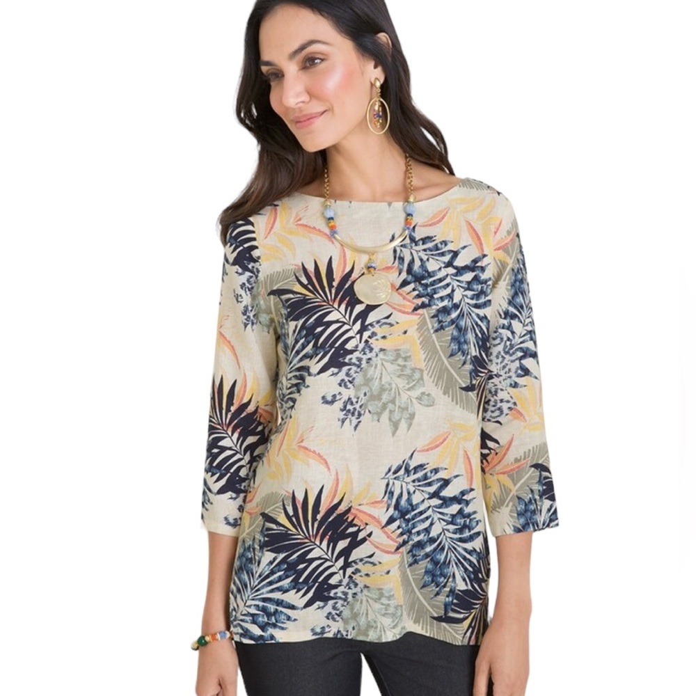Chico’s No-Iron Linen Palm-Print Side-Button Pullover Size 2P